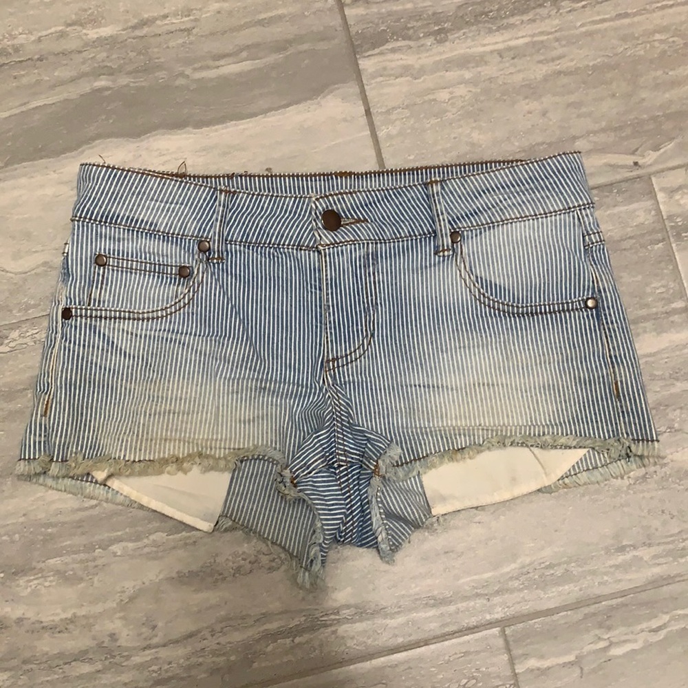 Blue and white striped jean shorts